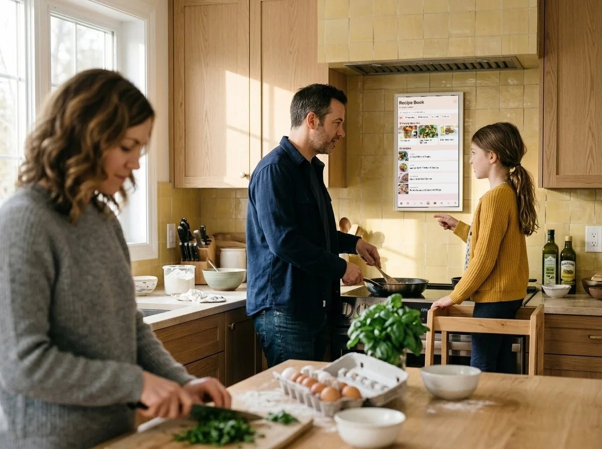 A family cooking dinner together while the girl reads the recipe from the Kora display