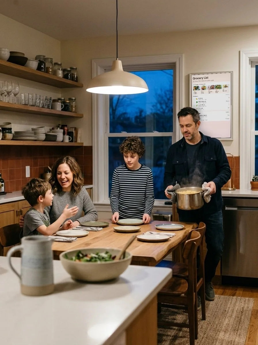 A family setting the table for dinner, with the grocery list on the Kora display behind them