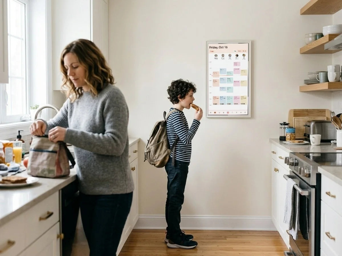A boy with a backpack eats toast and checks the Kora display before school