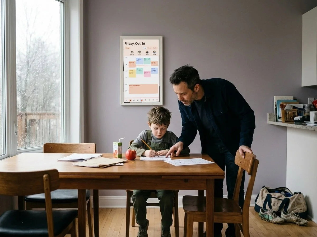 A dad helping his son with homework at the kitchen table, with the Kora display on the wall