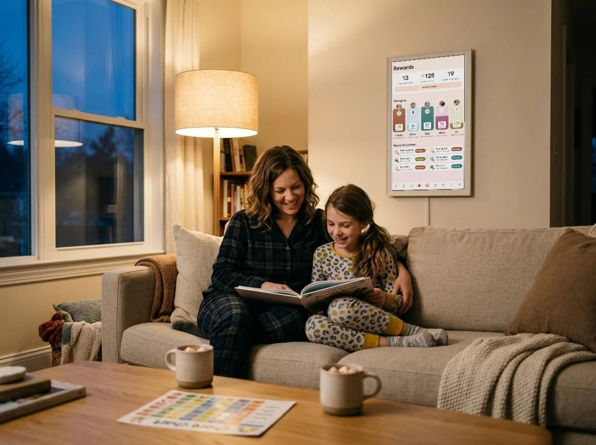 A mother and daughter in pyjamas laughing over a book on the sofa in the evening